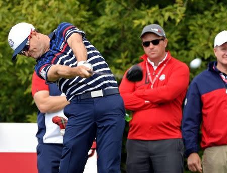 Sep 29, 2016; Chaska, MN, USA; Zach Johnson of the United States plays his shot from the tenth tee during a practice round for the 41st Ryder Cup at Hazeltine National Golf Club. Mandatory Credit: Michael Madrid-USA TODAY Sports