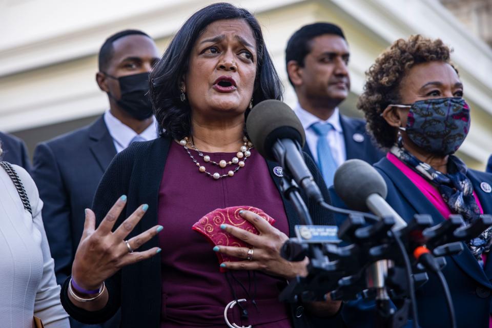 Rep. Pramila Jayapal (D-WA) speaks alongside other lawmakers from the House Progressive Caucus during a press conference outside of the West Wing following meeting with U.S. President Joe Biden to discuss his legislative agenda at the White House in Washington, DC. on October 19, 2021. (Shutterstock)