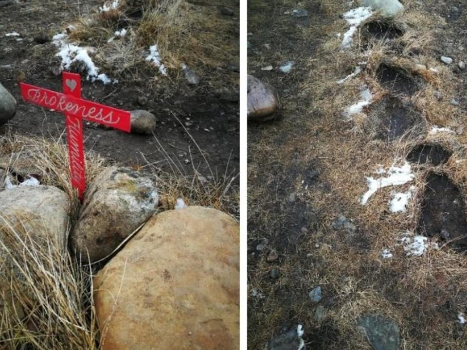 Stones from the Siksikaitsitapi Medicine Wheel at Nose Hill Park have been moved and red crosses were placed between them.  (Supplied by Giovanna Longhi - image credit)