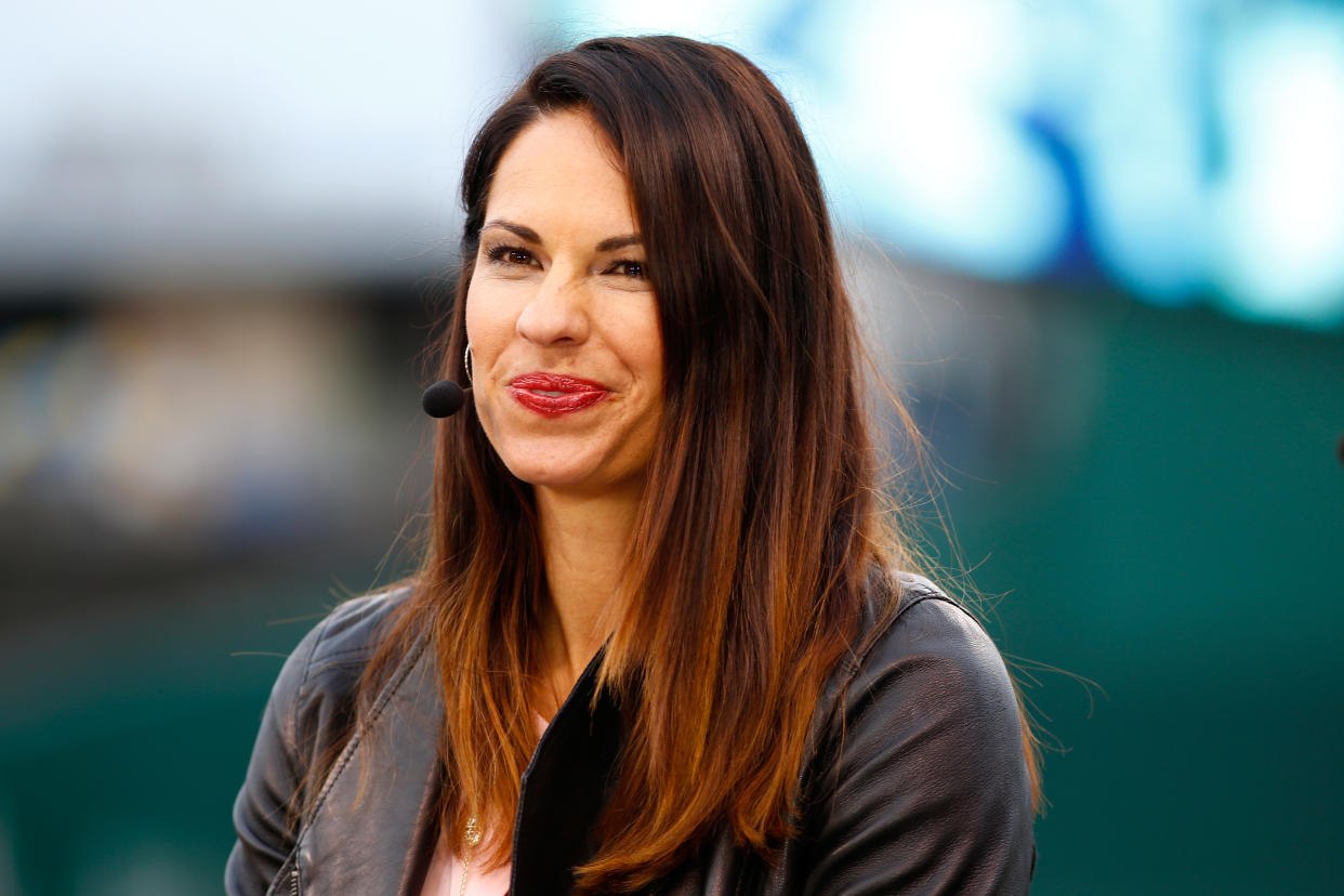 KANSAS CITY, MO - OCTOBER 26:  Jessica Mendoza of ESPN speaks on set the day before Game 1 of the 2015 World Series between the Royals and Mets at Kauffman Stadium on October 26, 2015 in Kansas City, Missouri.  (Photo by Maxx Wolfson/Getty Images)