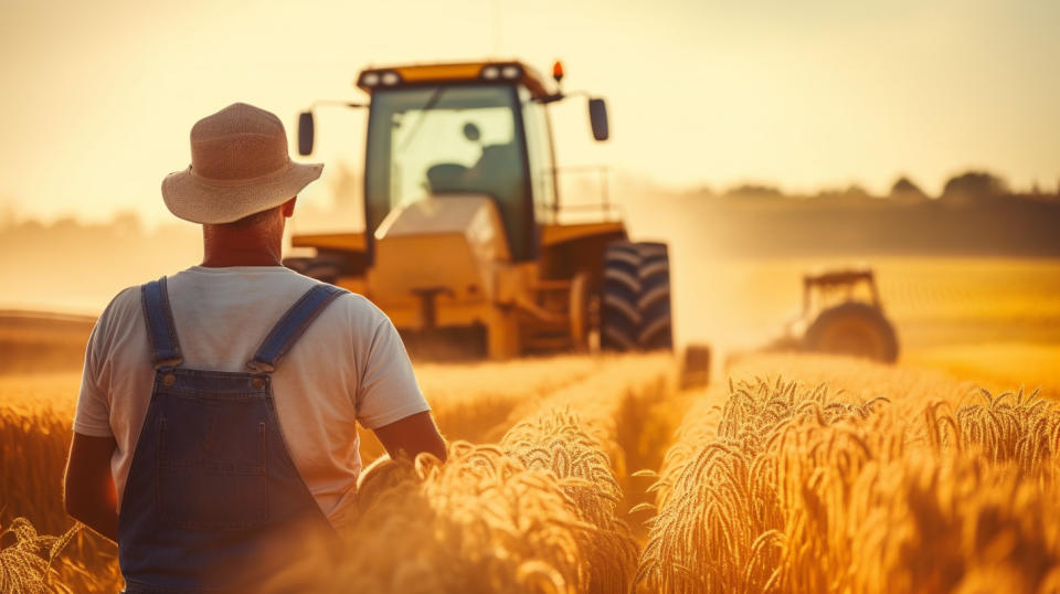 A farmer in overalls, harvesting a golden cornfield with a tractor in the background.