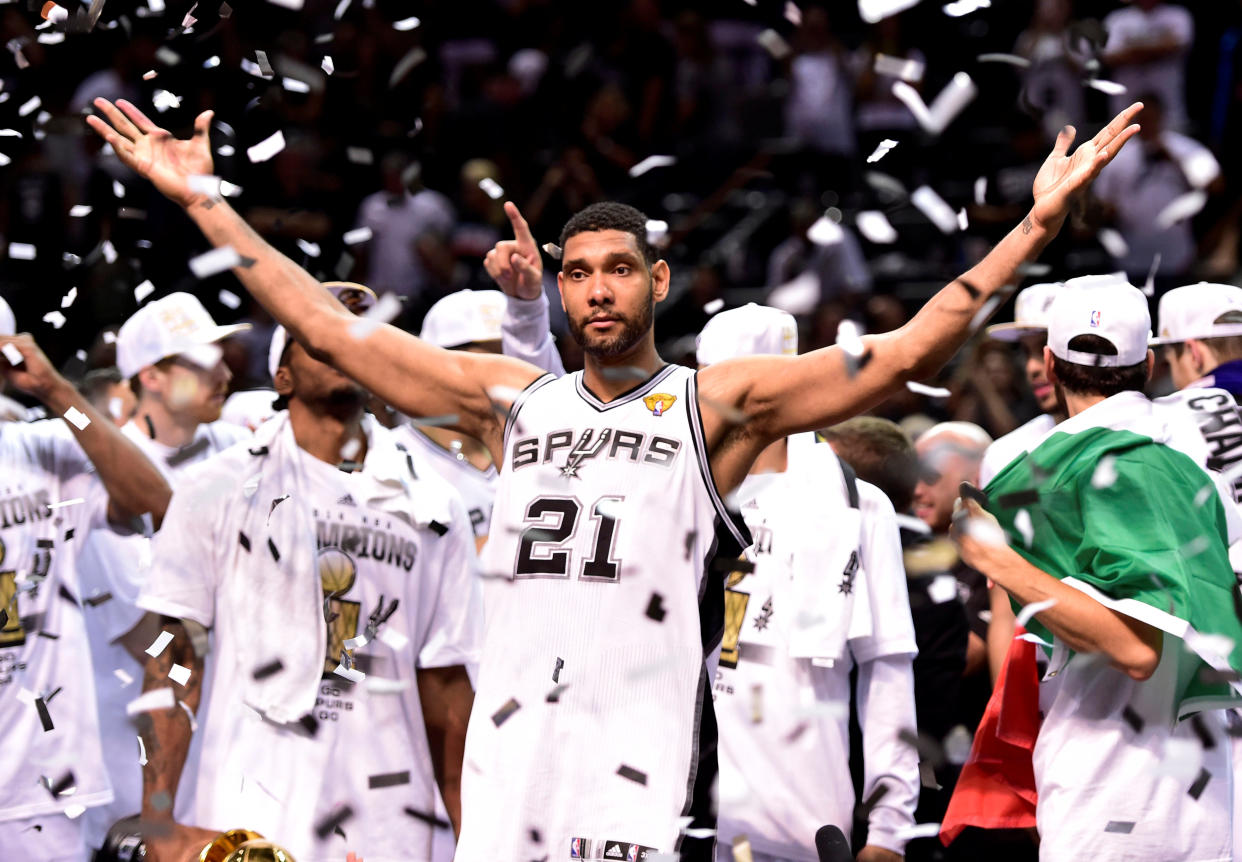 Tim Duncan celebrates the last of his five NBA championships in 2014. (Photo: USA Today Sports / Reuters)