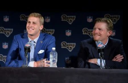 Apr 29, 2016; Los Angeles, CA, USA; Los Angeles Rams quarterback Jared Goff (left) and general manager Les Snead at press conference at Courtyard L.A. Live to introduce Goff as the No. 1 pick in the 2016 NFL Draft. Mandatory Credit: Kirby Lee-USA TODAY Sports