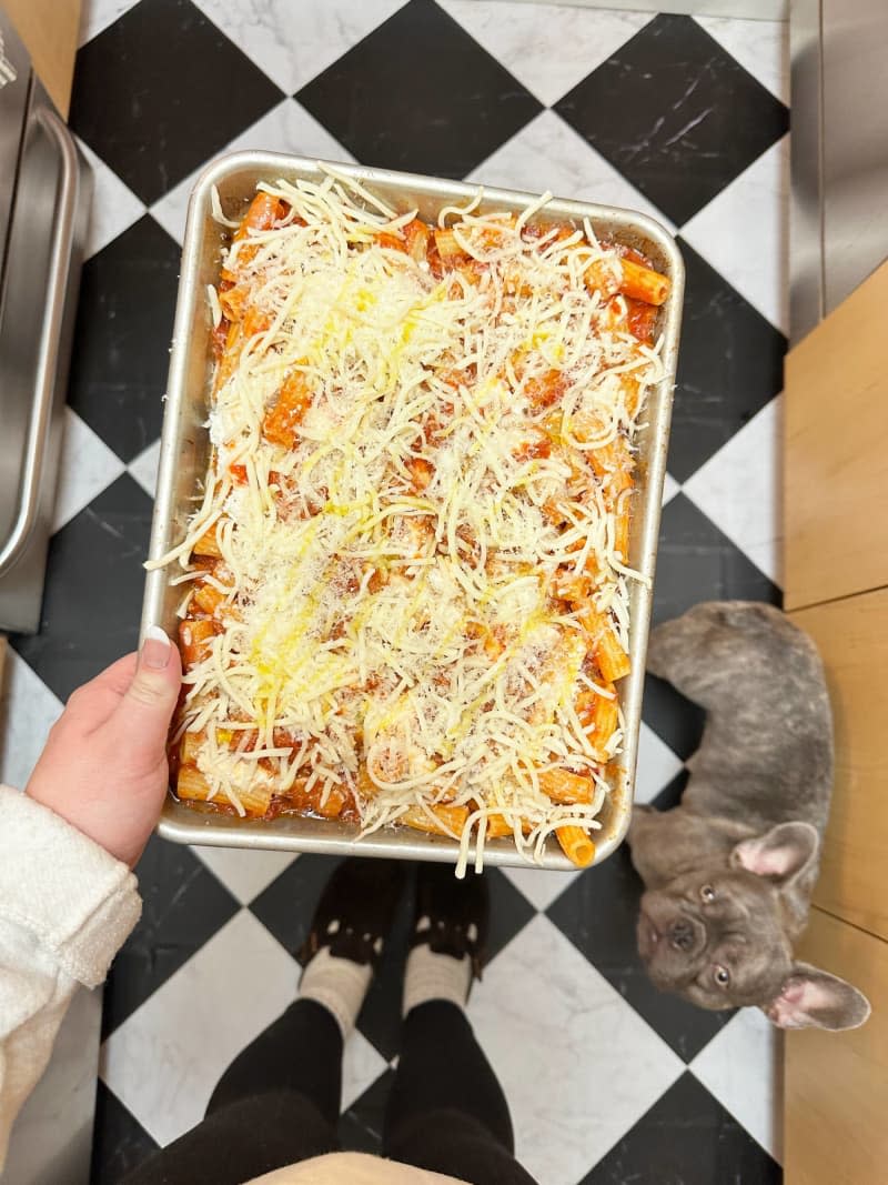 half tray with pasta and cheese, white and black tile floor and french bulldog on the side