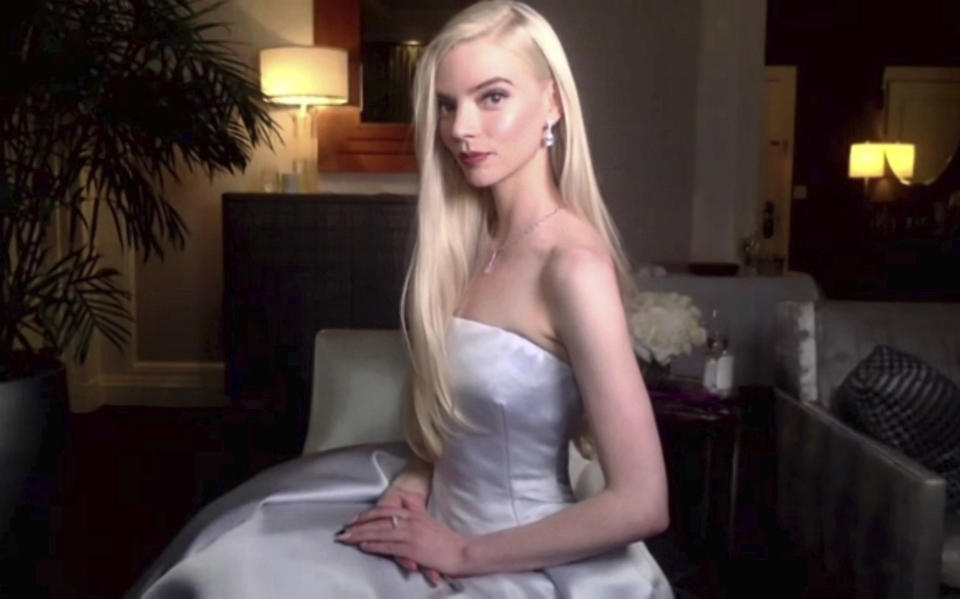 In this video grab issued Sunday, Feb. 28, 2021, by NBC, Anya Taylor-Joy accepts the award for best actress in a television motion picture for "The Queen's Gambit" at the Golden Globe Awards. (NBC via AP)