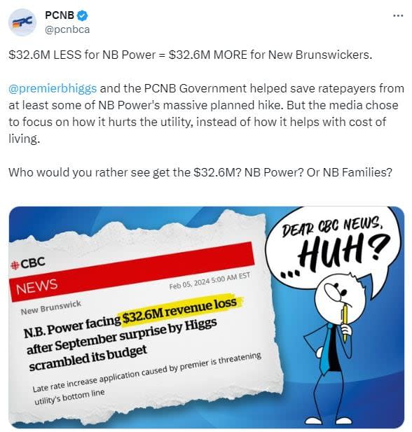 In posts on X and Facebook New Brunswick's PC Party said Premier Blaine Higgs "helped save ratepayers" by causing NB Power to file its rate increase request 72 days late.