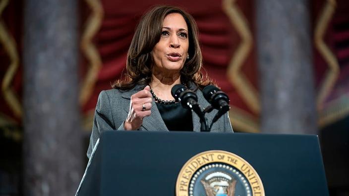 Vice President Kamala Harris gives remarks in Statuary Hall of the U.S Capitol in Washington, D.C., on Thursday, January 6, 2022 to mark the year anniversary of the attack on the Capitol.