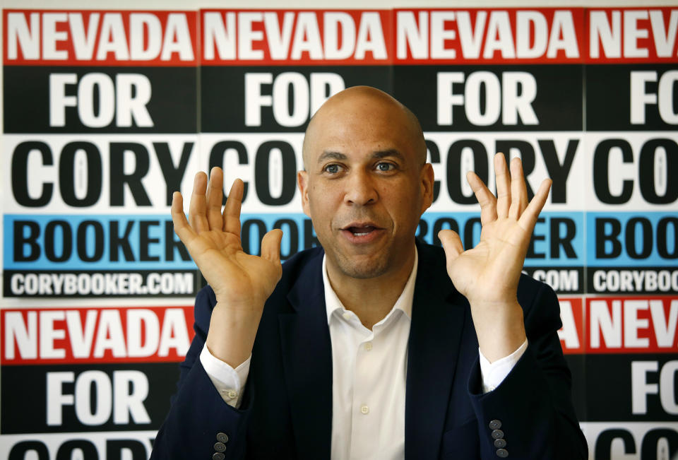 FILE - In this April 20, 2019 photo, Democratic presidential candidate Sen. Cory Booker speaks at an event at the True Love Missionary Baptist Church in Las Vegas. Booker rose to national fame as a New Jersey mayor and senator, but his mom and other relatives have lived in Las Vegas for years. Now, he’s working those local connections to set himself apart from the crowded pack in a state that could be decisive. (AP Photo/John Locher, File)