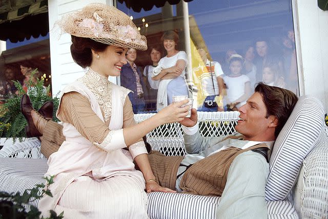 <p>Eddie Sanderson/Getty Images</p> Jane Seymour and Christopher Reeve filming <em>Somewhere in Time</em> in in Mackinac Island, Michigan (May 1979)