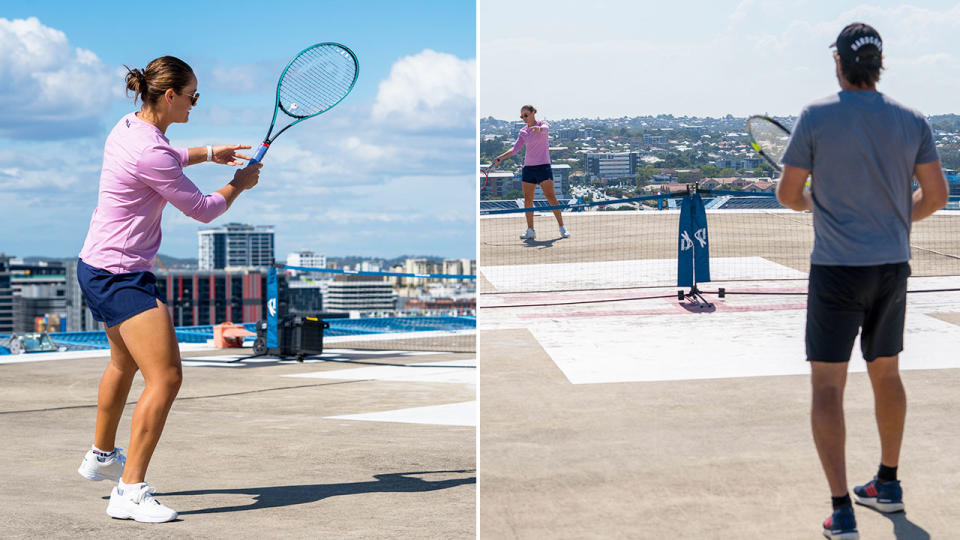 Seen here, Ash Barty and Pat Rafter have a hit of tennis after visiting a Brisbane hospital.