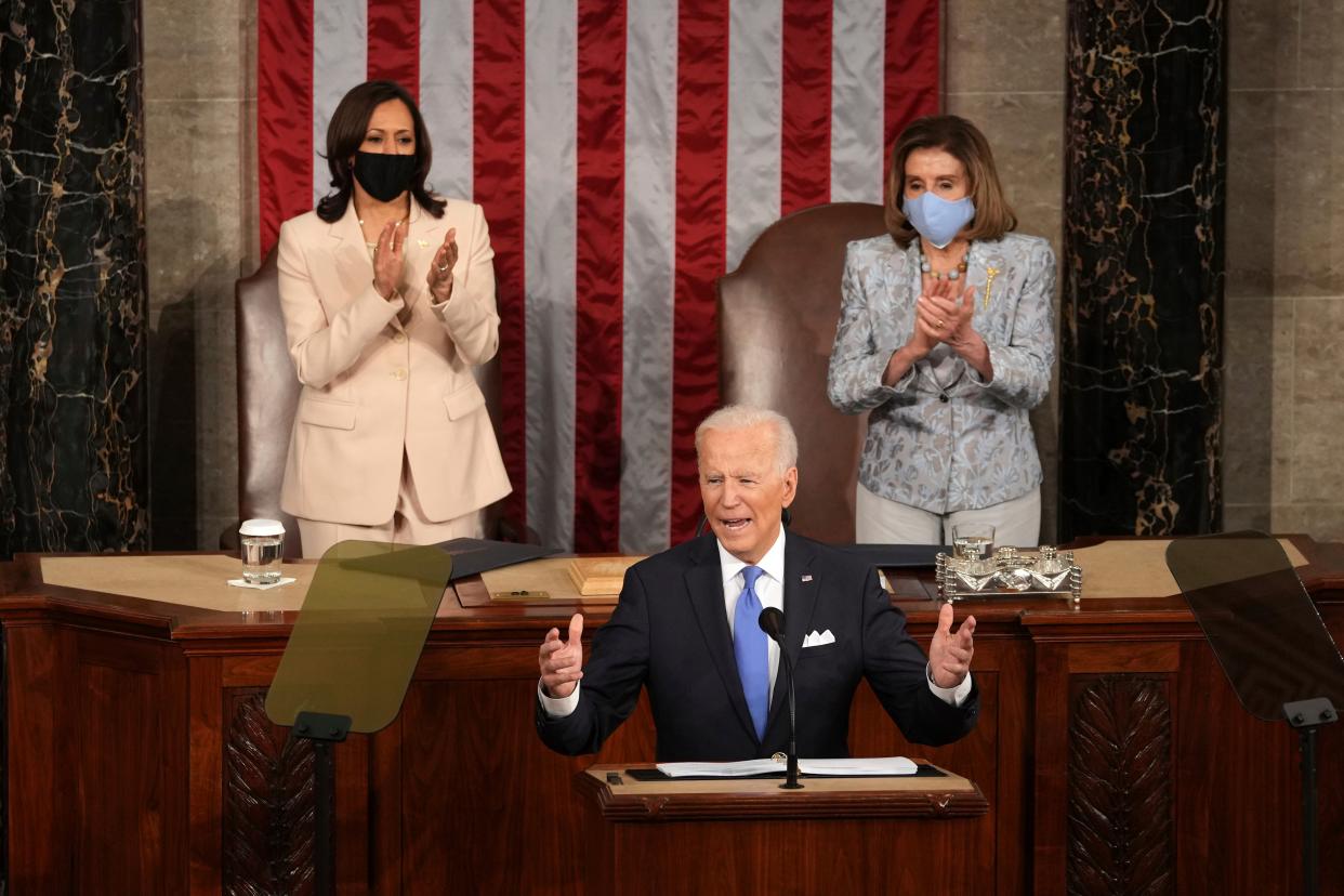 President Joe Biden speaks to a joint session of Congress at the U.S. Capitol  as Vice President Kamala Harris and House Speaker Nancy Pelosi listen (AP)