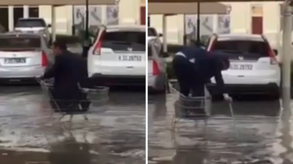 The man struggles to move his trolley more than a few centimetres at a time. Photo: YouTube