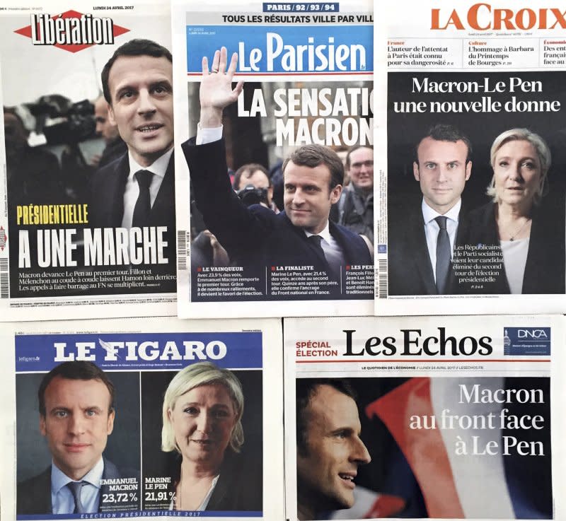 法國總統大選4月23日進行第一輪投票，中間派候選人馬克宏與極右派候選人勒潘勝出（AP）