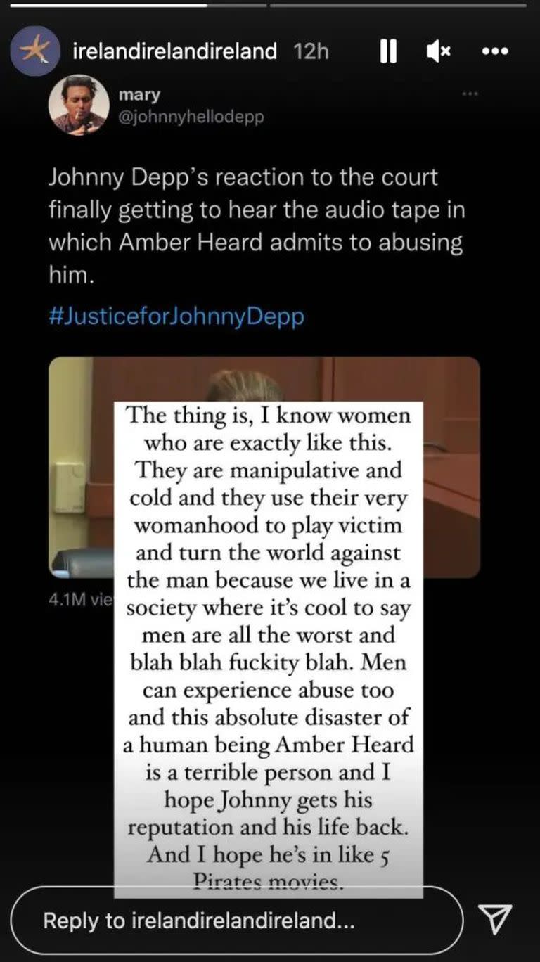 Ireland Baldwin compartió en su cuenta de Instagram un contundente mensaje con el que refleja su postura en el juicio entre Johnny Depp y Amber Heart