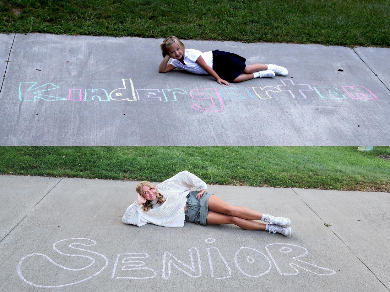 Elizabeth Petelin posing as a kindergartener and, 13 years on, as a senior on a sidewalk near her home.