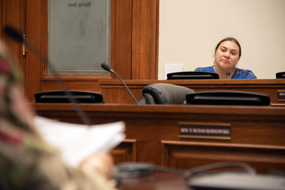 Rhode Island Sen. Sandra Cano, a Pawtucket Democrat, listens to testimony during a meeting of the Senate Finance Committee on Tuesday, May 7, 2024. (Will Steinfeld/Rhode Island Current)