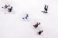 <p>A competitor falls down during the Men’s 1500m Short Track Speed Skating final at Gangneung Ice Arena on February 10, 2018 in Gangneung, South Korea. </p>