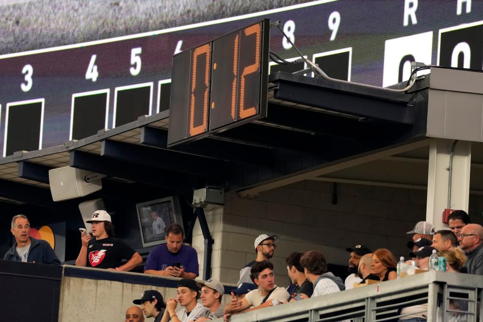 The pitch clock is shown at Yankee Stadium, during the White Sox game, Tuesday, June 6, 2023.