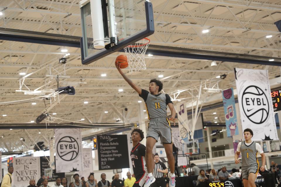 Team Thad’s Labaron Philon (11) lays up the ball on a fast break against ProSkills during the Nike EYBL Session 4 on May 27, 2023 at Memphis Sports and Events Center in Memphis, Tenn.
