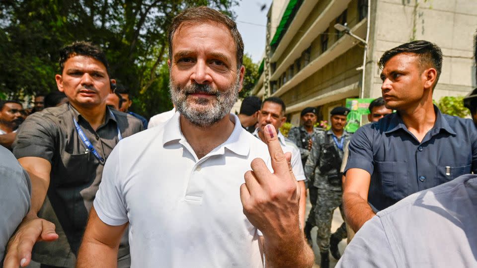 Congress leader Rahul Gandhi shows his ink-marked finger after casting his vote during the sixth phase of Lok Sabha elections, on May 25, 2024 in New Delhi, India. - Raj K Raj/Hindustan Times/Sipa/Reuters