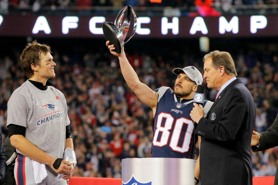 Jan 21, 2018; Foxborough, MA, USA; New England Patriots wide receiver Danny Amendola (80) holds up the Lamar Hunt Trophy after the AFC Championship Game against the <a class="link " href="https://sports.yahoo.com/nfl/teams/jacksonville/" data-i13n="sec:content-canvas;subsec:anchor_text;elm:context_link" data-ylk="slk:Jacksonville Jaguars;sec:content-canvas;subsec:anchor_text;elm:context_link;itc:0">Jacksonville Jaguars</a> at Gillette Stadium. Mandatory Credit: David Butler II-USA TODAY Sports