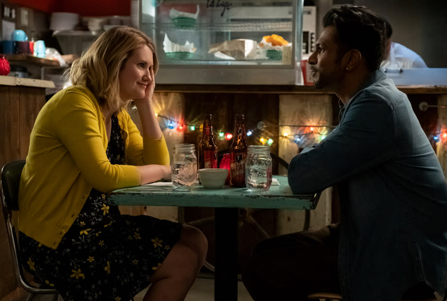 Jillian Bell in character as Brittany and Utkarsh Ambudkar on the set of Brittany Runs a Marathon.