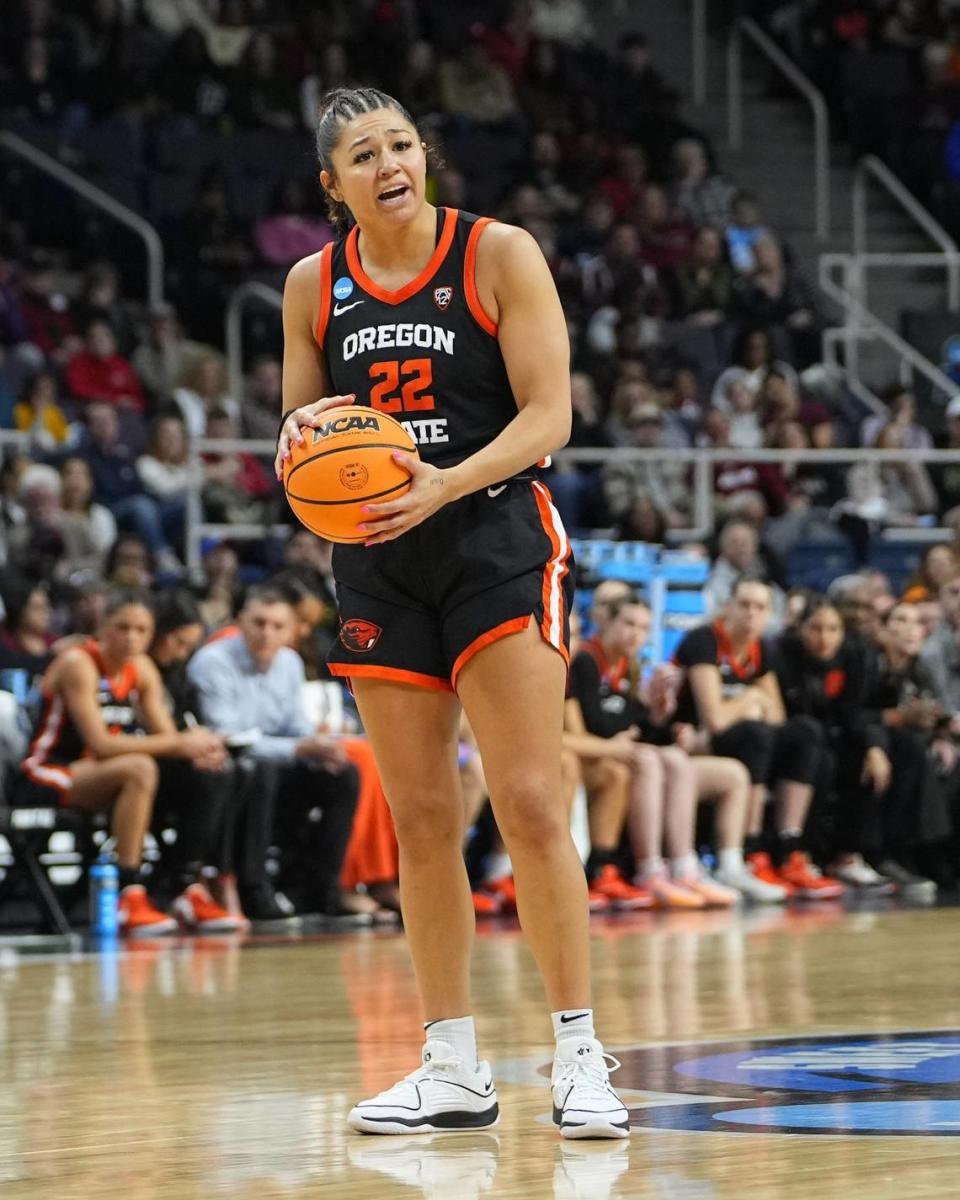 Oregon State Beavers guard Talia von Oelhoffen (22) reacts to a call on the court against the South Carolina Gamecocks during the first half in the finals of the Albany Regional of the 2024 NCAA Tournament at MVP Arena.