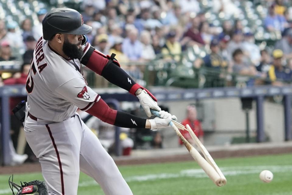 Arizona Diamondbacks' Emmanuel Rivera breaks his bat as he grounds into fielders choice during the first inning of a baseball game against the Milwaukee Brewers Monday, June 19, 2023, in Milwaukee. (AP Photo/Morry Gash)