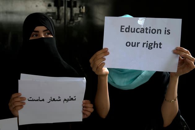 Afghan girls hold an illegal protest to demand the right to education in a private home in Kabul, Afghanistan on Aug. 2, 2022. (Photo: Ebrahim Noroozi via Associated Press)