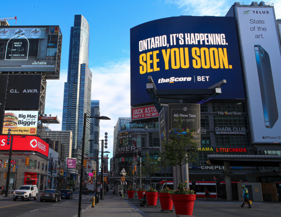 TheScore promotes its sports betting app in Toronto's Yonge-Dundas Square. (TheScore via Twitter.)