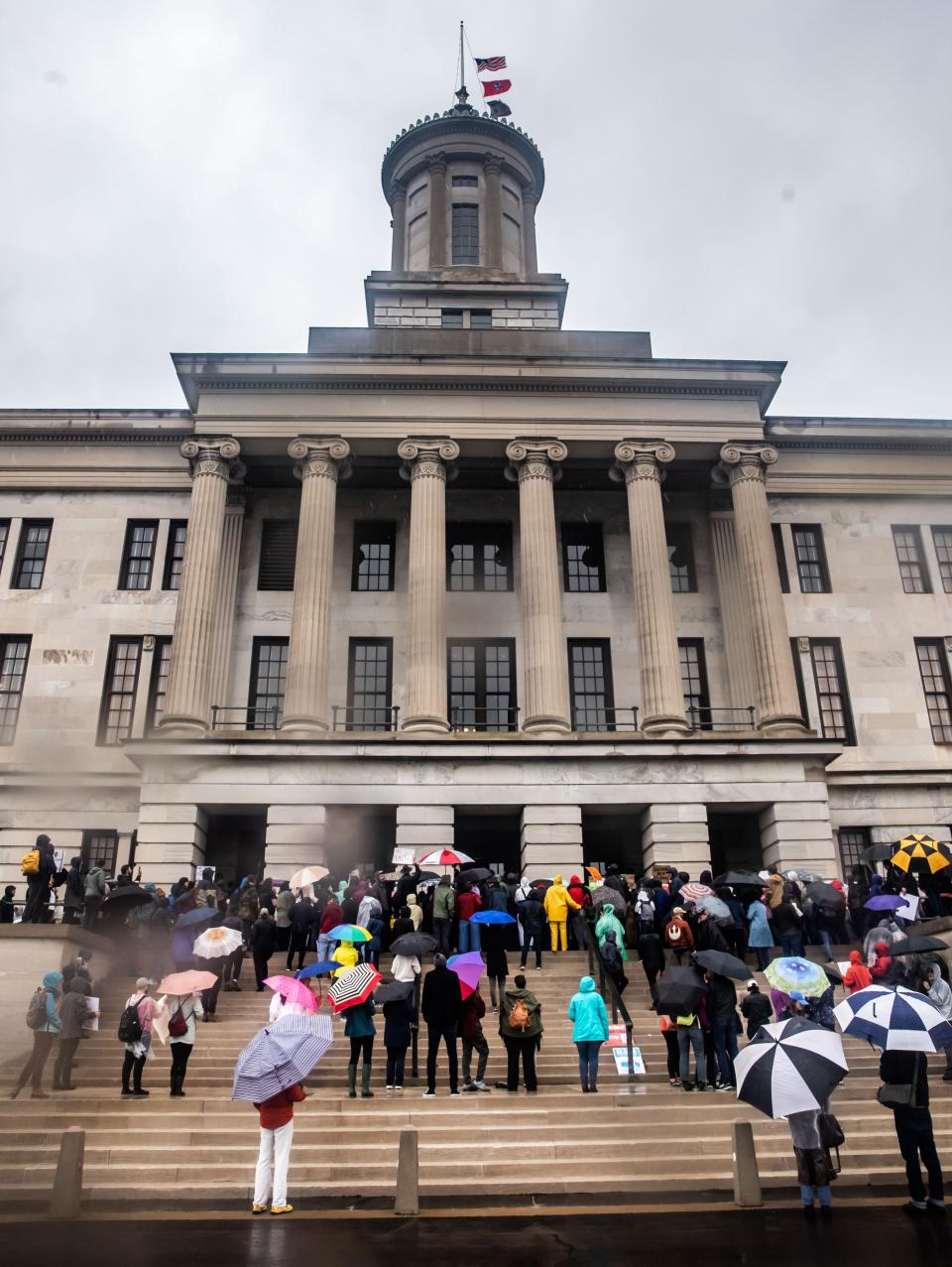 Protesters gather around the west entrance of the Tennessee State Capitol in response to gun laws and the vote to expel three representatives Thursday, April 6, 2023.