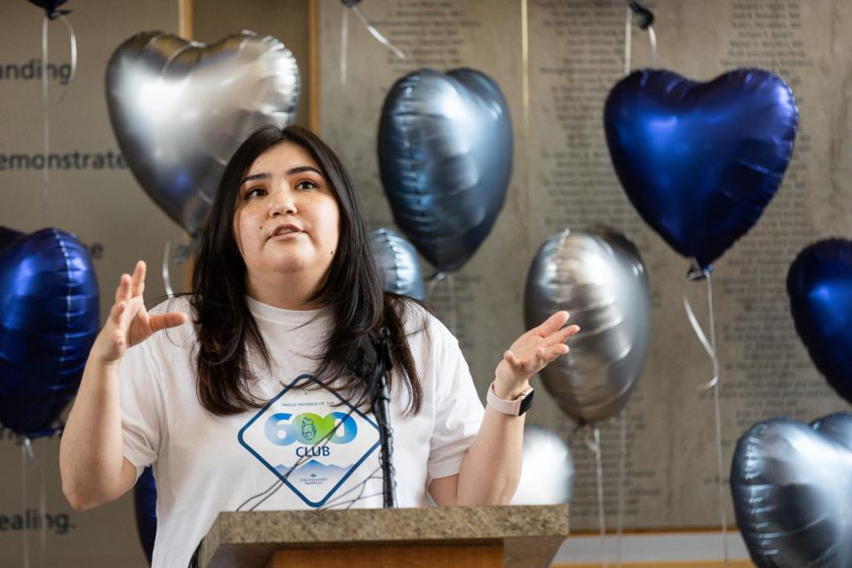 Jessica Leon, the 601st Intermountain heart transplant recipient, shares her experience at an event held to celebrate the milestone of 600 lifesaving transplants by the Intermountain heart transplant team at the Intermountain Medical Center in Murray on Tuesday.