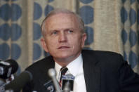 FILE - Frank Borman ponders a question at news conference in Miami, June 3, 1986. Borman, who commanded Apollo 8's historic Christmas 1968 flight that circled the moon 10 times and paved the way for the lunar landing seven months later, has died. He was 95. Borman died Tuesday, Nov. 7, 2023, in Billings, Mont., according to a NASA statement Thursday, Nov. 9. (AP Photo/Doug Jennings, File)