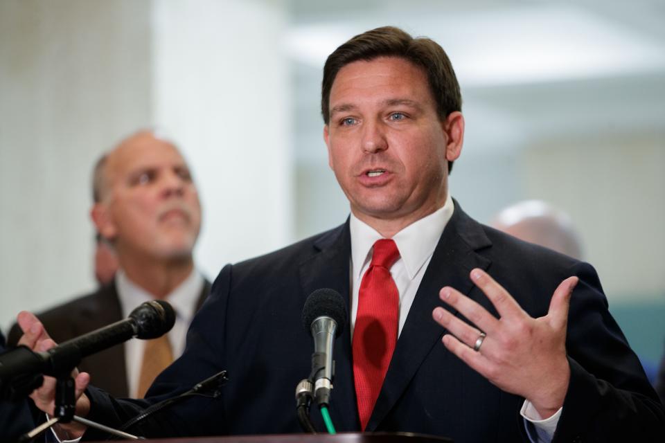 Gov. Ron DeSantis responds to questions from the media at the close of the legislative session on Monday, March 14, 2022.