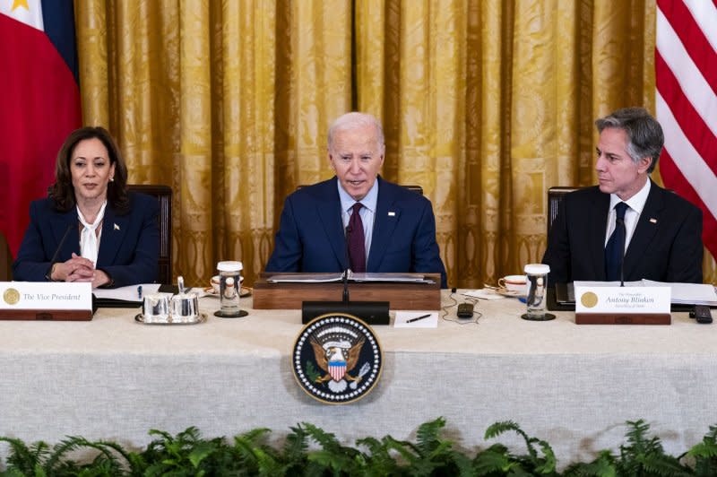 President Joe Biden speaks during a trilateral meeting with Philippines President Ferdinand Marcos Jr. and Japanese Prime Minister Fumio Kishida while joined by Vice President Kamala Harris and Secretary of State Antony Blinken. Photo by Al Drago/UPI