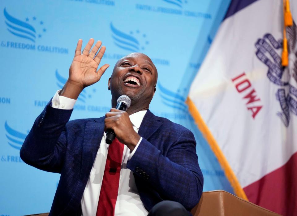 Republican presidential candidate Sen. Tim Scott, of South Carolina, speaks at the Iowa Faith and Freedom Coalition's banquet Saturday, Sept. 16, 2023, in Des Moines, Iowa. (AP Photo/Bryon Houlgrave)