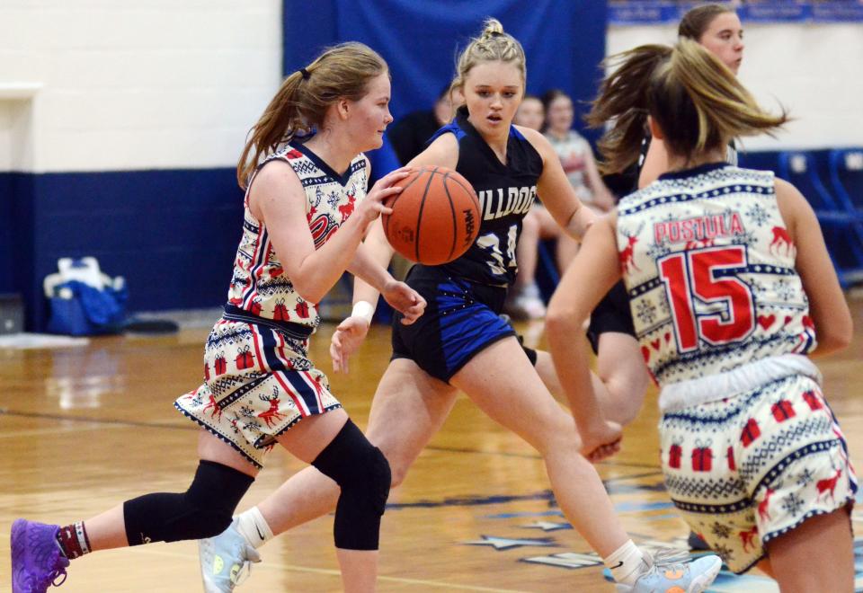 Mackinaw City guard Gracie Beauchamp drives the ball down the court late against Inland Lakes Wednesday.