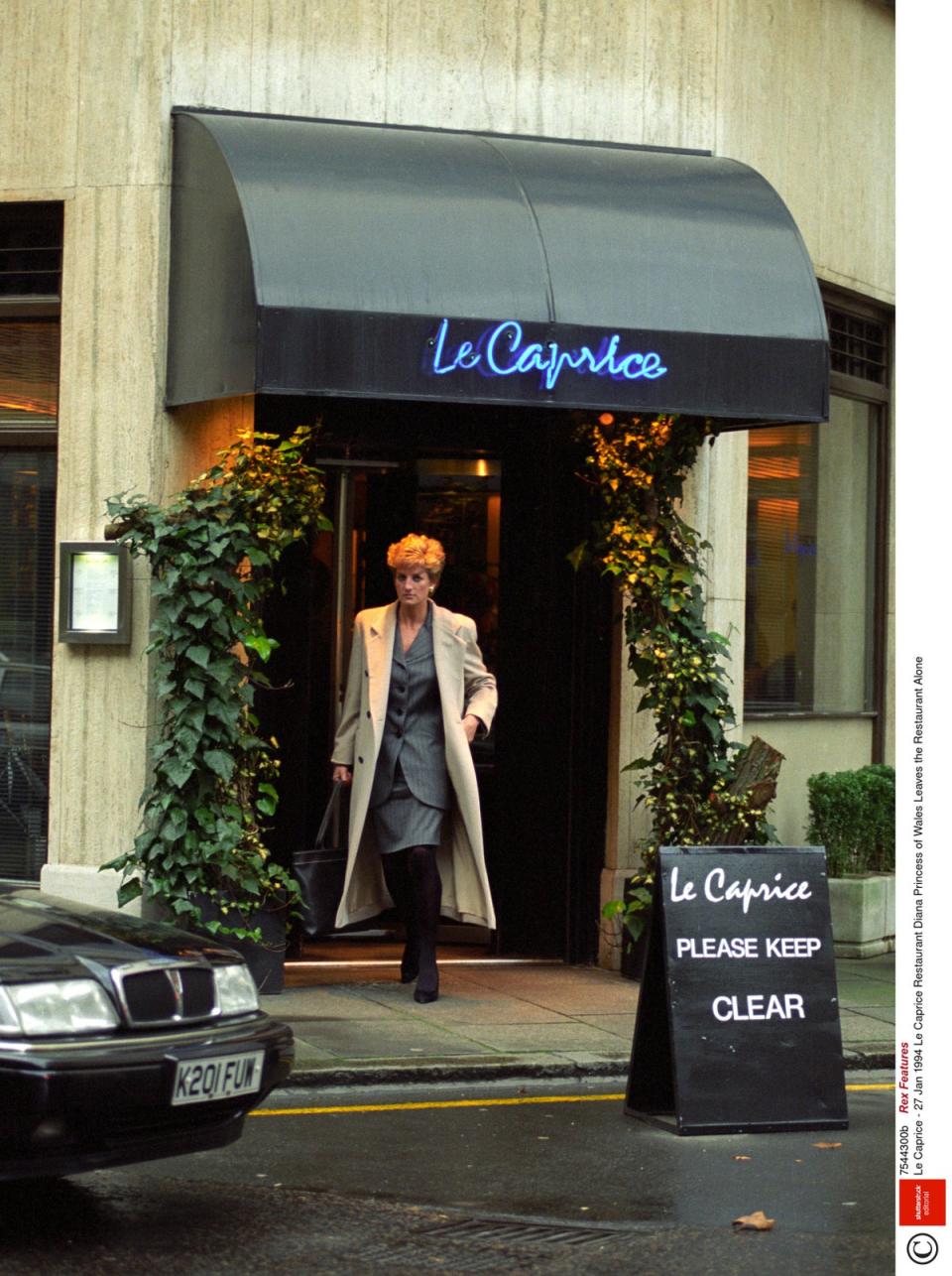Diana, Princess of Wales, leaving Le Caprice in 1994 (Rex Features)