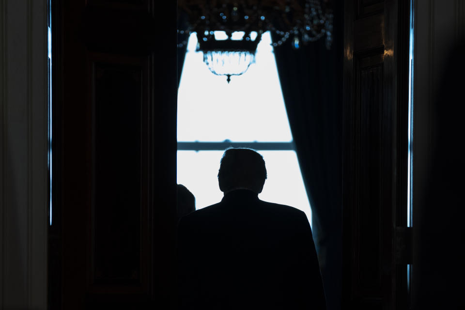 FILE - In this July 8, 2020, file photo President Donald Trump walks off after delivering a statement at the White House in Washington. But when it comes to battling the coronavirus, President Donald Trump has made clear that states are largely on their own. When it comes to squelching protests in Democrat-run cities, Trump is eager to send in federal troops and agents — even when local leaders are begging him to butt out. (AP Photo/Evan Vucci, File)