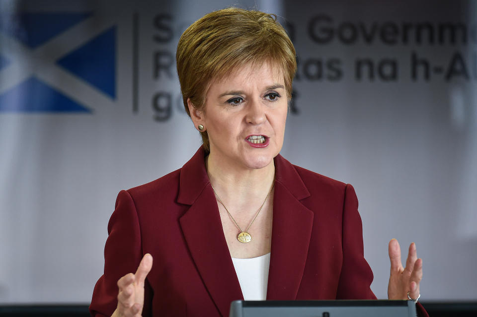 First Minister Nicola Sturgeon speaking at a coronavirus briefing at St Andrews House in Edinburgh. (PA)                                                                                                  