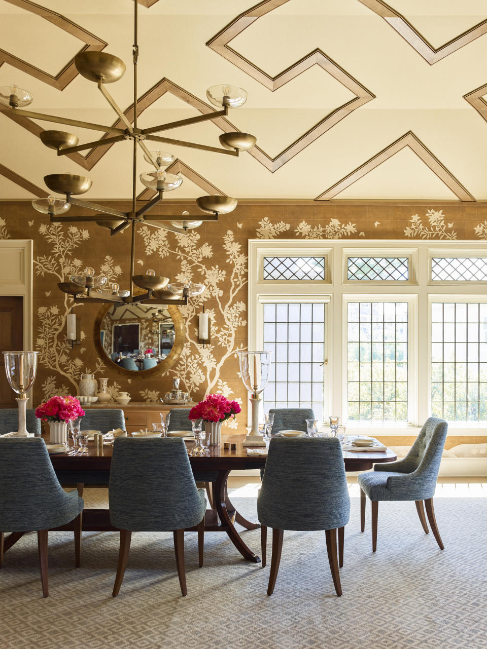 This undated photo shows a ceiling design by Gideon Mendelson, founder of Mendelson Group, in a Westchester County, N.Y., home. Mendelson turned traditional Tudor style on its ear by creating a modern design made of oak for the ceiling. (Eric Piasecki/Gideon Mendelson/Mendelson Group via AP)