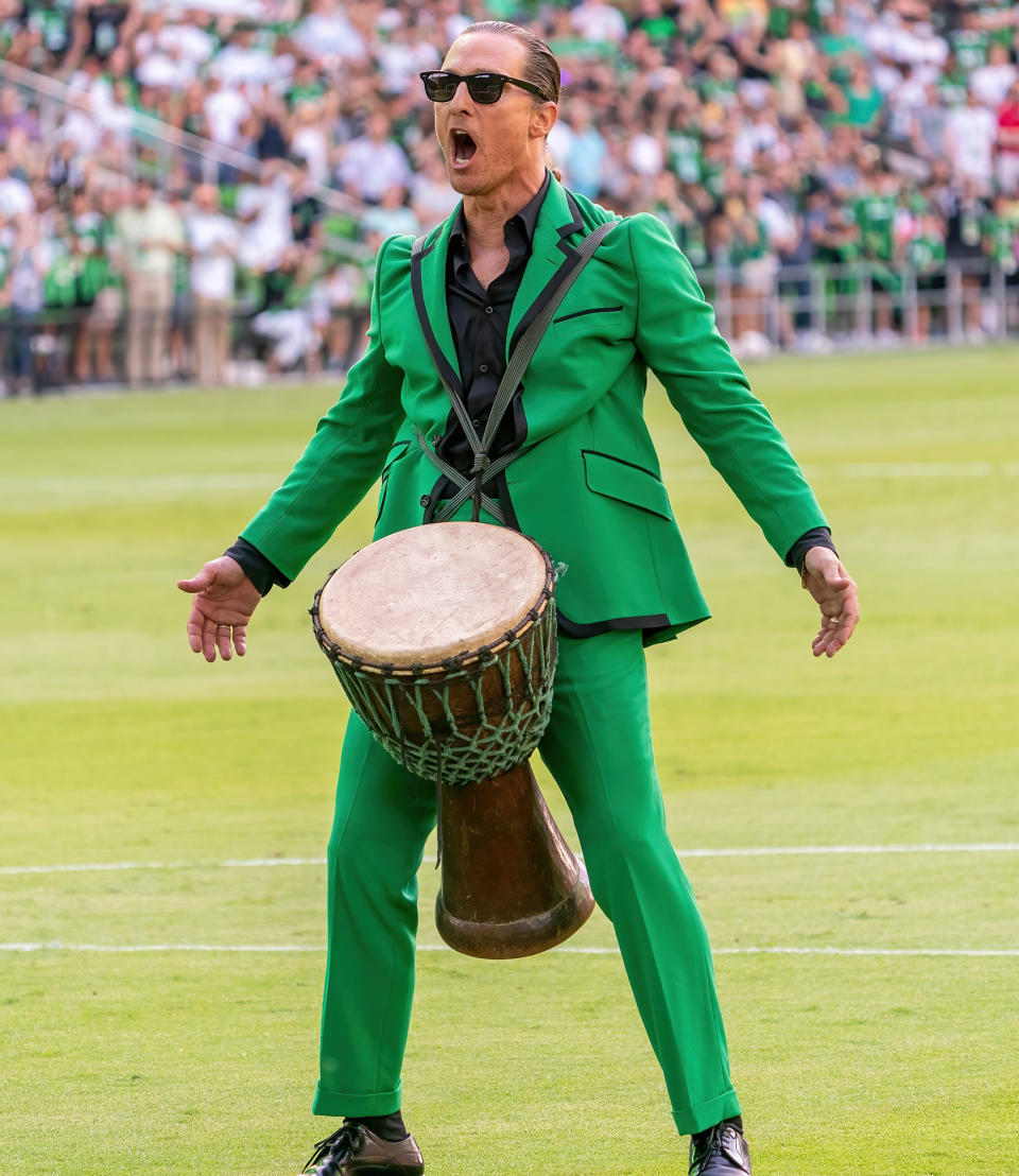 <p>Matthew McConaughey gets the crowd going on June 19 before the start of the inaugural home game between the San Jose Earthquakes and Austin FC at O2 Stadium in Texas.</p>