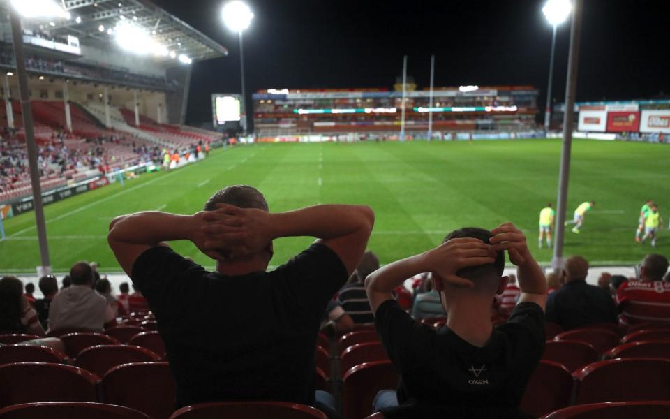 Gloucester fans in the stands react as their team misses a chance during the Gallagher Premiership match at Kingsholm Stadium, Gloucester. PA Photo. Picture date: Monday September 14, 2020. - PA Wire/David Davies
