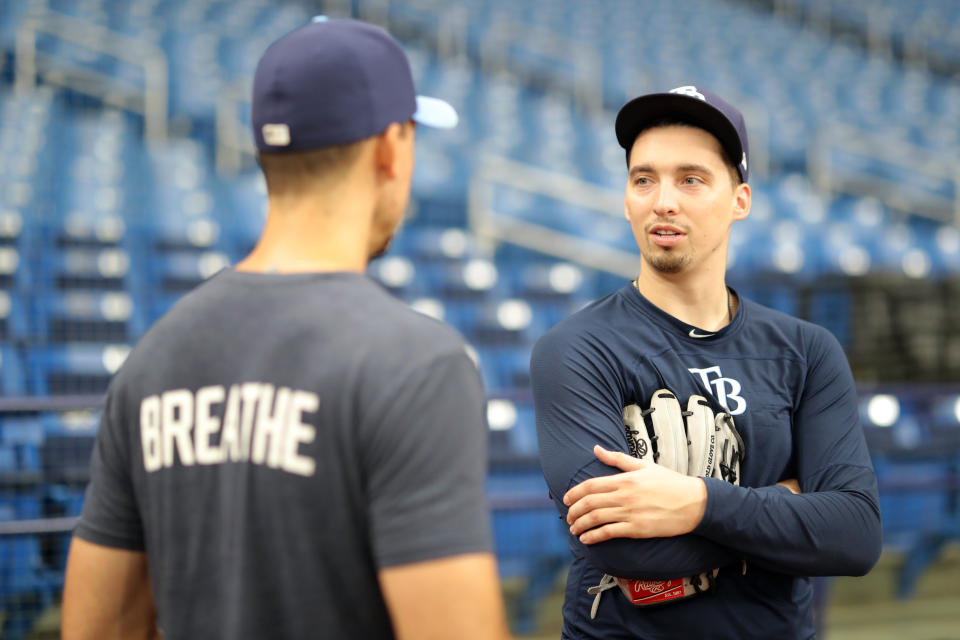 ST. PETERSBURG, FL - SEPTEMBER 05: Blake Snell #4 of the Tampa Bay Rays during batting practice before the game against the Toronto Blue Jays at Tropicana Field on Thursday, September 5, 2019 in St. Petersburg, Florida. (Photo by Mike Carlson/MLB Photos via Getty Images)