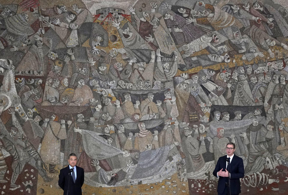 Serbian President Aleksandar Vucic, right, speaks during a news conference after talks with Chinese Foreign Minister Wang Yi at the Serbia Palace in Belgrade, Serbia, Thursday, Oct. 28, 2021. Wang Yi is on a two-day official visit to Serbia. (AP Photo/Darko Vojinovic)