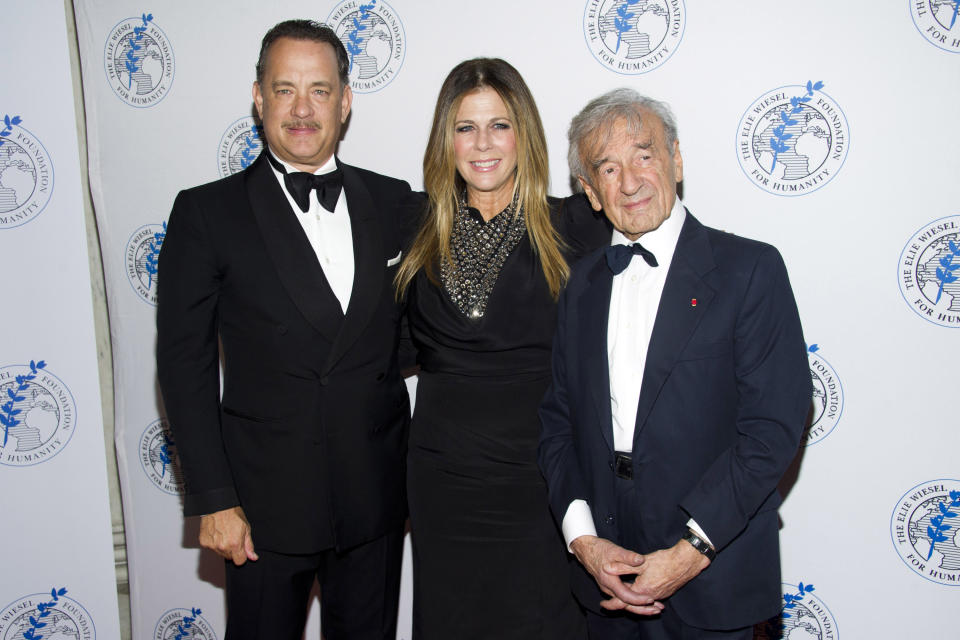 Honoree Tom Hanks, left, Rita Wilson and Elie Wiesel attend The Elie Wiesel Foundation For Humanity's Arts for Humanity Gala on Wednesday, Oct. 17, 2012 in New York. (Photo by Charles Sykes/Invision/AP)