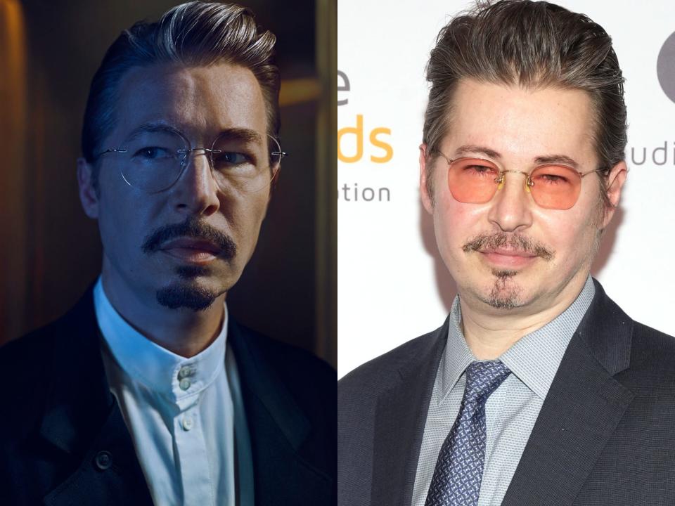 left: eduardo ballerini as ray, wearing wire rimmed glasses and a high collar shirt; right: ballerini on a red carpet in orange tinted glasses