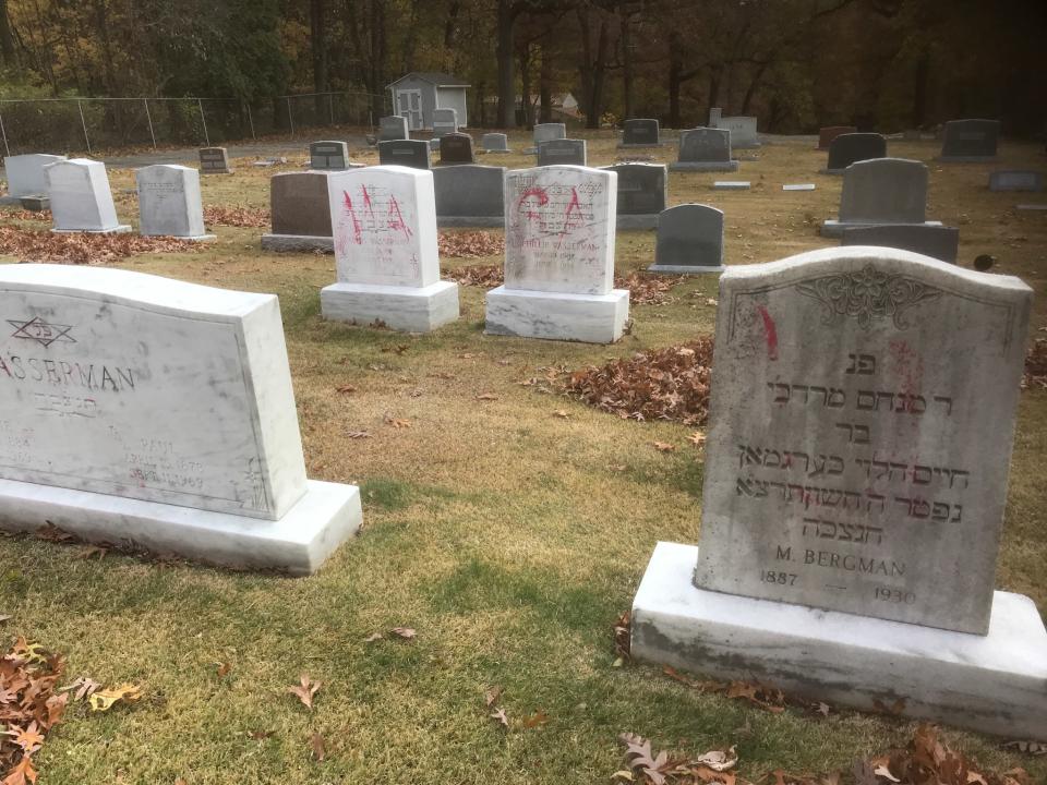 Grave stones at Ahavas Israel Cemetery covered in red paint. 'MAGA' is spelled out.