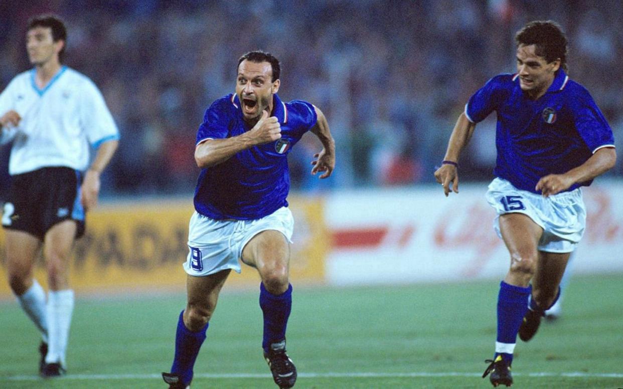 Schillaci celebrates his goal against Uruguay in Rome at Italia '90