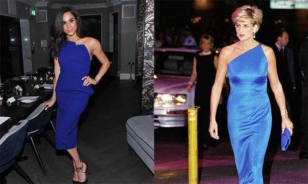 Meghan Markle and Princess Diana dressed in similar blue gowns